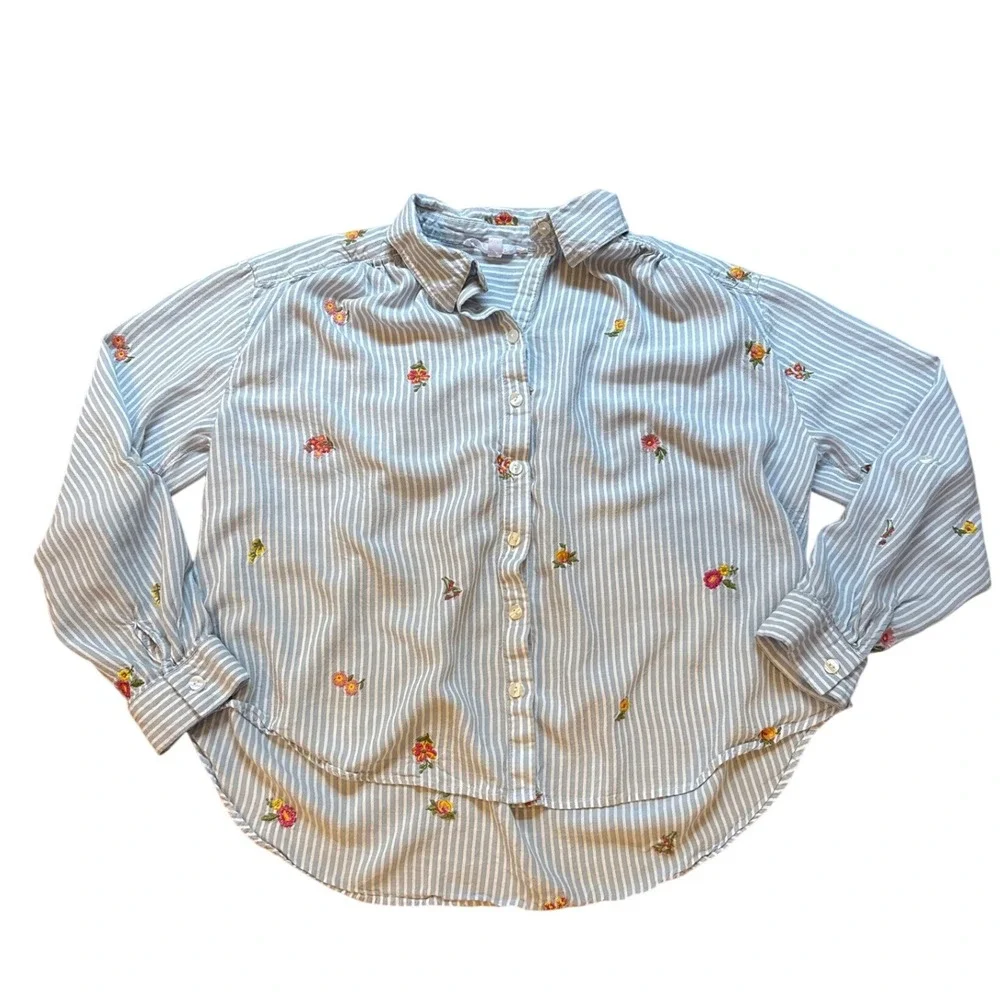 Jane + Delancey Button Down Women Blue Floral Striped Embroidered SIZE L - Picture 1 of 5